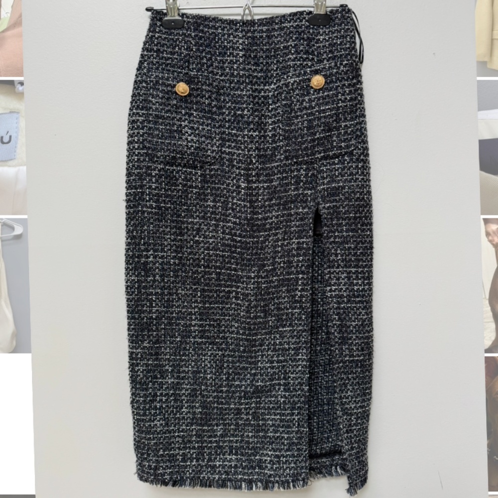 Lime Blue Tweed Midi Skirt in XS